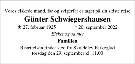 Dødsannoncen for Günter Schwiegershausen - Skuldelev, 4050 Skibby