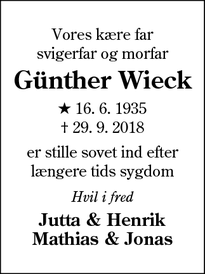 Dødsannoncen for Günther Wieck - Broager