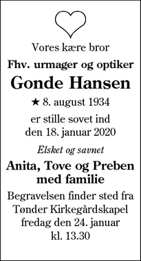 Dødsannoncen for Gonde Hansen - Tønder