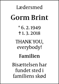 Dødsannoncen for Gorm Brint - Copenhagen