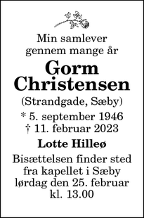 Dødsannoncen for Gorm
Christensen - Sæby