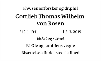 Dødsannoncen for Gottlieb Thomas Wilhelm 
von Rosen - København NV