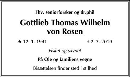 Dødsannoncen for Gottlieb Thomas Wilhelm
von Rosen - København NV