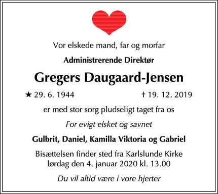 Dødsannoncen for Gregers Daugaard-Jensen - København