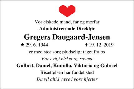 Dødsannoncen for Gregers Daugaard-Jensen - København
