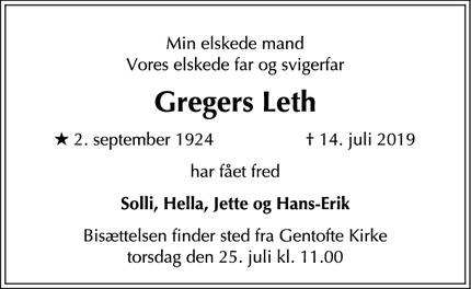 Dødsannoncen for Gregers Leth - Gentofte