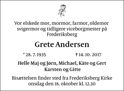Dødsannoncen for Grete Andersen - Frederikserg
