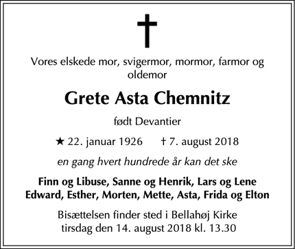 Dødsannoncen for Grete Asta Chemnitz - København
