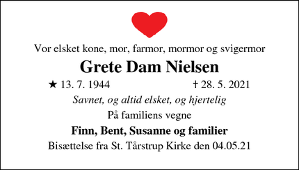 Dødsannoncen for Grete Dam Nielsen - Store Merløse