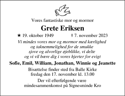 Dødsannoncen for Grete Eriksen - Silkeborg