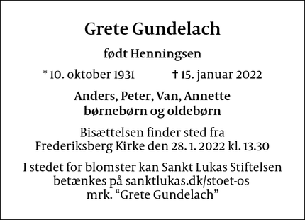 Dødsannoncen for Grete Gundelach - Frederiksberg