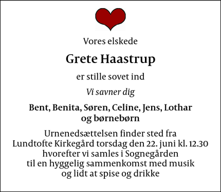 Dødsannoncen for Grete Haastrup - København N