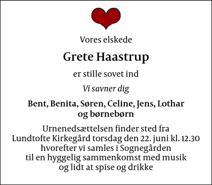 Dødsannoncen for Grete Haastrup - København N