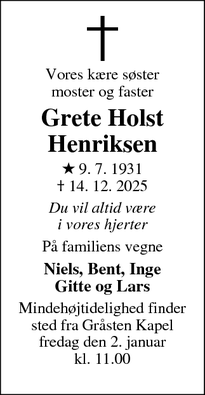 Dødsannoncen for Grete Holst
Henriksen - Gråsten