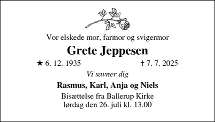 Dødsannoncen for Grete Jeppesen - Ballerup