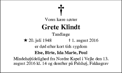 Dødsannoncen for Grete Klindt - Munkebo