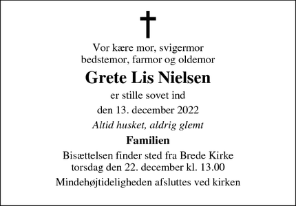 Dødsannoncen for Grete Lis Nielsen - Bredebro