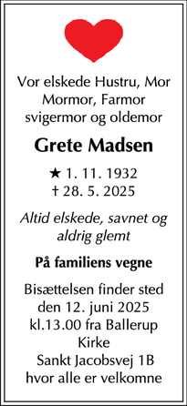 Dødsannoncen for Grete Madsen - Ballerup