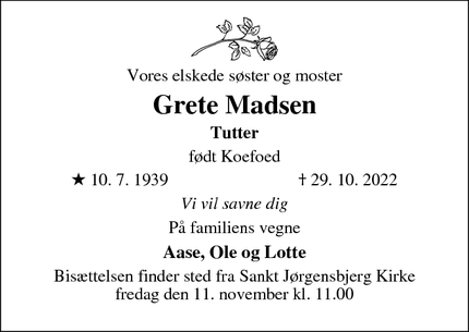 Dødsannoncen for Grete Madsen - Roskilde