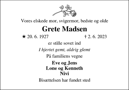 Dødsannoncen for Grete Madsen - Videbæk