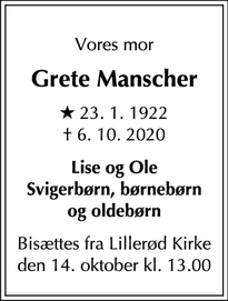 Dødsannoncen for Grete Manscher - Allerød