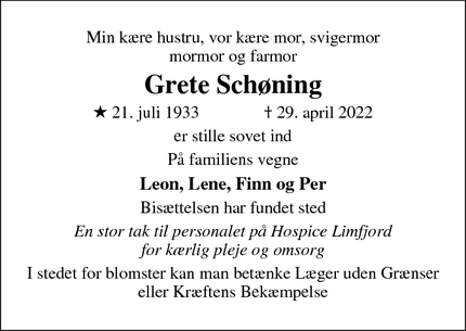 Dødsannoncen for Grete Schøning - Skive