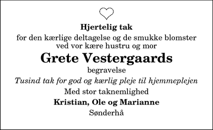 Taksigelsen for Grete Vestergaards - Sønderhå