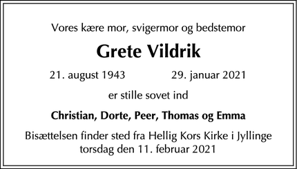 Dødsannoncen for Grete Vildrik - Jyllinge