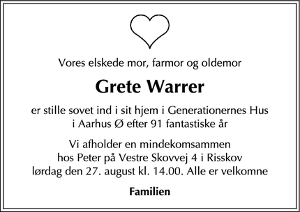 Dødsannoncen for Grete Warrer - St. Anton