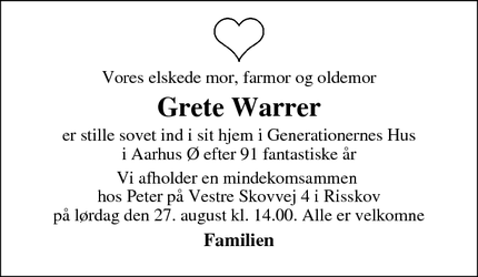 Dødsannoncen for Grete Warrer - St. Anton