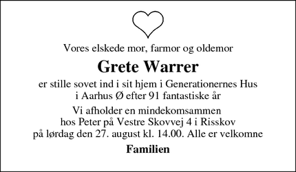 Dødsannoncen for Grete Warrer - St. Anton