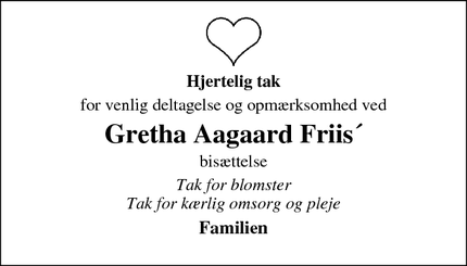 Dødsannoncen for Gretha Aagaard Friis´ - Fjellerup