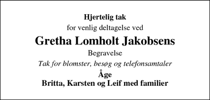 Taksigelsen for Gretha Lomholt Jakobsens - sorring