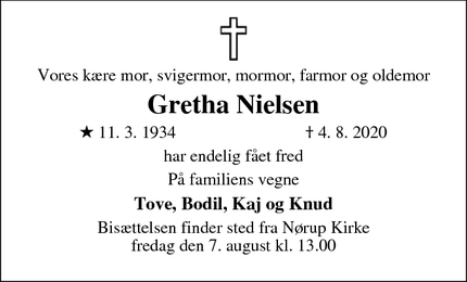 Dødsannoncen for Gretha Nielsen - Bredsten