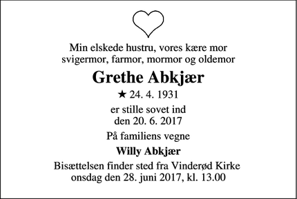 Dødsannoncen for Grethe Abkjær - Frederiksværk, Danmark
