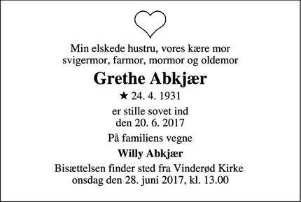 Dødsannoncen for Grethe Abkjær - Frederiksværk, Danmark