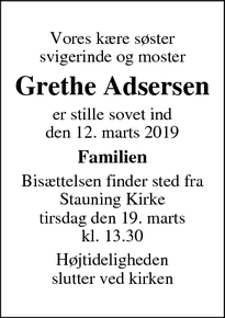 Dødsannoncen for Grethe Adsersen - Ølgod