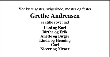 Dødsannoncen for Grethe Andreasen - Lemvig
