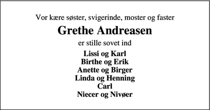 Dødsannoncen for Grethe Andreasen - Lemvig