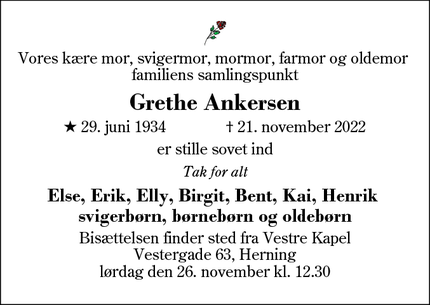 Dødsannoncen for Grethe Ankersen - Hammerum 7400 Herning