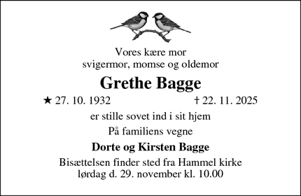 Dødsannoncen for Grethe Bagge - Hammel