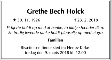 Dødsannoncen for Grethe Bech Holck - Herlev