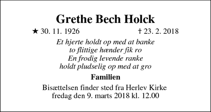 Dødsannoncen for Grethe Bech Holck - Herlev