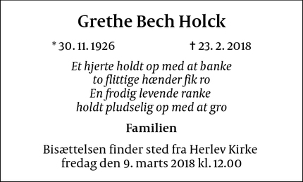 Dødsannoncen for Grethe Bech Holck - Herlev