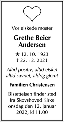 Dødsannoncen for Grethe Beier Andersen - Frederiksberg