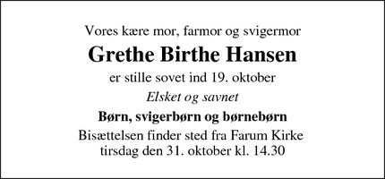 Dødsannoncen for Grethe Birthe Hansen - Farum