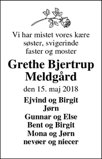 Dødsannoncen for Grethe Bjertrup Meldgård - lemvig