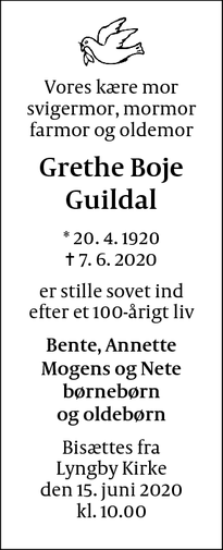 Dødsannoncen for Grethe Boje Guildal - Hellebæk