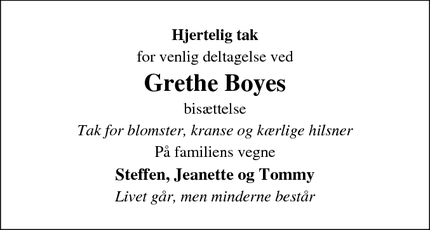 Dødsannoncen for Grethe Boyes - Hammel 