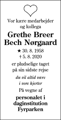Dødsannoncen for Grethe Breer Bech Nørgaard - Esbjerg 